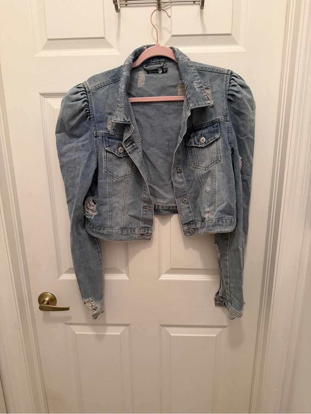 Boohoo Light Blue Distressed Denim Jacket with Puff Shoulders